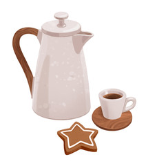 Coffee pot, cup of coffee and star cookie
