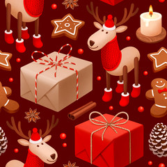 Christmas seamless pattern. Gift boxes, reindeer toy, gingerbread man and star cookies with Christmas spices illustrations