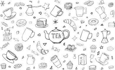 Fototapeta premium Vector background with tea, coffee, pastries and sweets. Useful for packaging, menu design and cafe interior decoration. Hand drawn doodles. Breakfast and lunch elements on a white background.