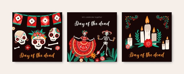 Day of dead holiday cards templates set. Decorated sugar skulls color drawing. Dancing cartoon human skeletons in national costumes. Traditional festive postcards collection. Mexican carnival.