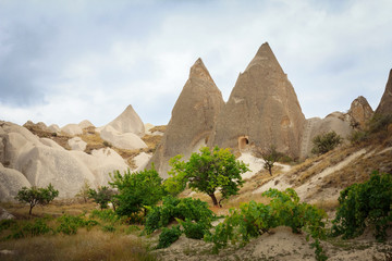Fototapeta na wymiar Stone formations in valley and mountains Cappadocia, Turkey