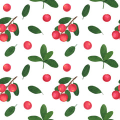 Seamless pattern Berries Cranberry branch leaves watercolor botanical illustration background wallpaper