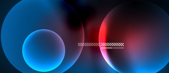 Glowing neon transparent bubbles background. Techno modern circles in dark space.