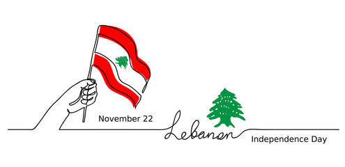 Fototapeta premium Beirut simple web banner, background. Lebanon, Lebanese Independence Day vector background. One line drawing concept with hand, flag, cedar tree.