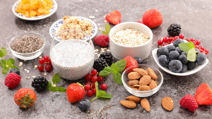 healthy breakfast with chia, fruit, oatmeal and nut