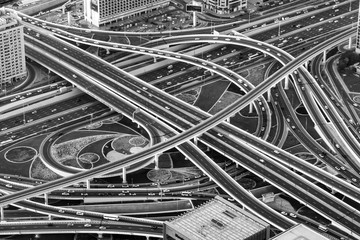 Aerial view of a highway road interchange in Dubai, United Arab Emirates