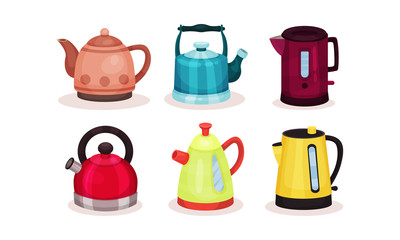 Various Kettles Vector Illustrated Set. Kitchenware Collection