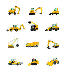 Big set of bulldozer, wheel loader vector isolated on white. Dusty digger, excavator dozer. Under construction. Building machine bager. Motor grader, Forklift cargo car, road roller, asphalt paver