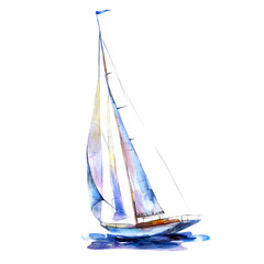 Watercolor illustration, hand drawn painted sailboat isolated object on white background. Art print boat with blue sails. - 299286904