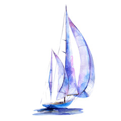 Watercolor illustration, hand drawn painted sailboat isolated object on white background. Art print boat with blue sails.