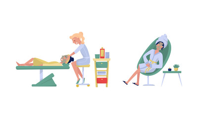 Woman in Spa Vector Illustration. Professional Treatment and Body Relaxation