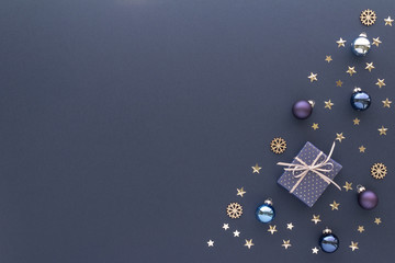Christmas composition..Gift bauble star snowflake top view background with copy space for your text. Flat lay.
