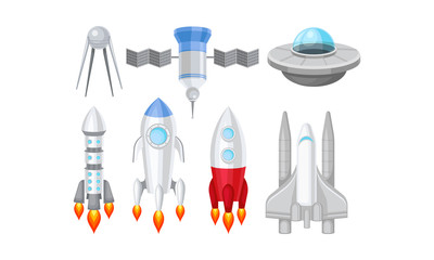 Spacecraft Vector Illustrated Set. Futuristic Spaceship Objects