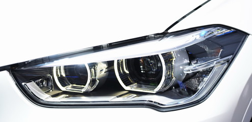 Parts of the new car. Motorcycle headlights, headlights, body lights, modern and sporty look.Interior Car seat	