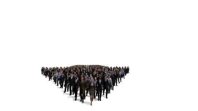 Businessmen with a businesswoman in front forming arrow shape pointing right, hd against white