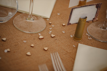 Outdoor catering dinner at the wedding with homemade garnishes decoration