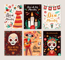 Dia de los muertos posters templates set. Catrina symbol in national dress. Cartoon human skeleton with sombrero and guitar. Traditional mexican festival. Day of dead carnival greeting cards bundle.