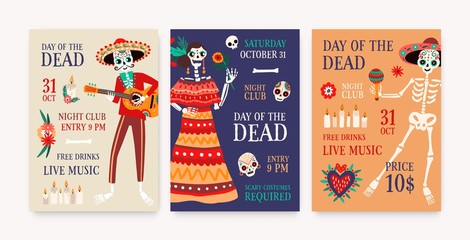Day of dead party posters templates set. Katrina symbol in national costume. Cartoon human skeletons with sombrero, guitar and maraca shakers. Traditional festival. Mexican carnival invitation cards.