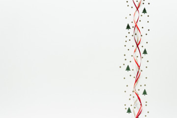 Christmas composition. Fir stars ribbon top view background with copy space for your text. Flat lay.