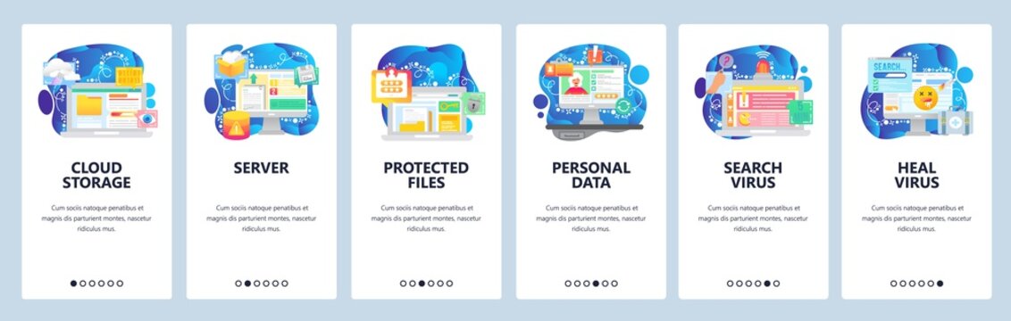 Mobile app onboarding screens. Computer technology, cloud storage, personal data, pricavy and security, virus. Vector banner template for website and mobile development. Web site design illustration