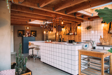 interior of a loft with a large kitchen