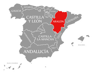 Aragon red highlighted in map of Spain