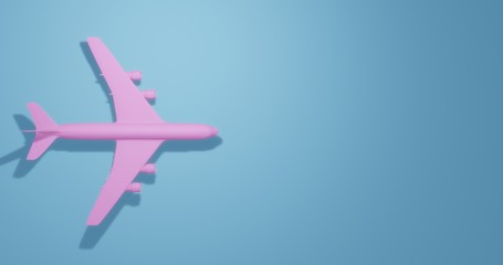 Pink passenger aircraft. Airplane from plastic on a blue background. 3d illustration.