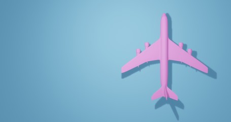 Toy pink passenger aircraft. Airplane from plastic on a blue background. 3d illustration.