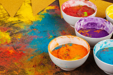Organic powder colors in bowl for Holi festival