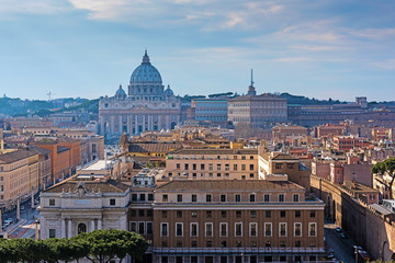 Fototapeta na wymiar Rome rooftop city view on Vatican and dome St. Peter's cathedral. Italy