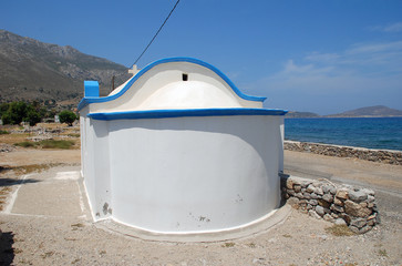 A small chapel on the seafront at Agios Antonios on the Greek island of Tilos 