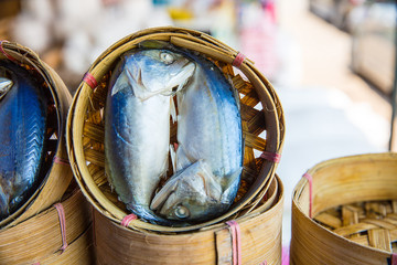 Pack of Short-bodied mackerel with bamboo steamer basket