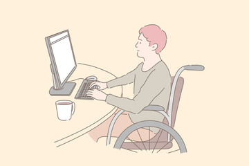 Disabled individual at work concept. Young man in wheelchair working with PC, social inclusion of handicapped people, paraplegic programmers freelance career opportunities. Simple flat vector