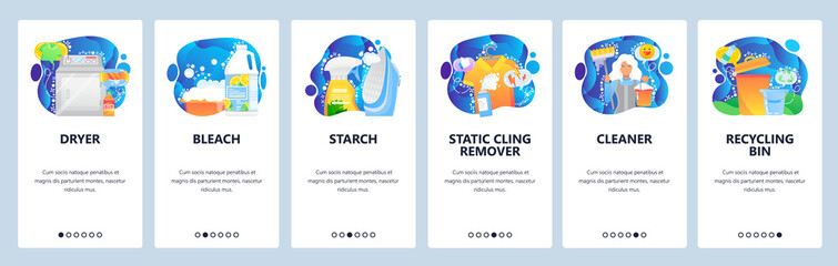 Mobile app onboarding screens. House cleaning service, dryer, bleach, housemaid, recycling waste bin. Menu vector banner template for website and mobile development. Web site design flat illustration