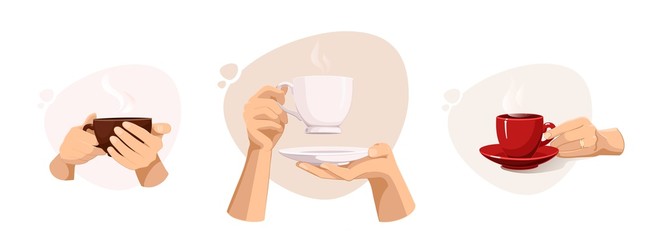 Sey of female hands holding red cup of hot drink like coffee or tea vector illustrations. Coffee day. Hyugge.