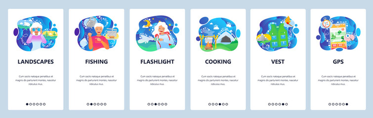 Fototapeta na wymiar Mobile app onboarding screens. Travel and outdoor camping, campfire, map, fishing, flashlight. Menu vector banner template for website and mobile development. Web site design flat illustration