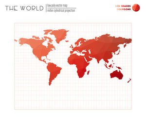 Polygonal world map. Miller cylindrical projection of the world. Red Shades colored polygons. Amazing vector illustration.