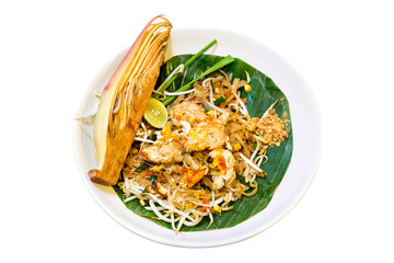 Thailand's national dishes, stir-fried noodles with egg, vegetable and shrimp (Pad Thai)