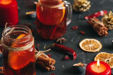 Beautiful composition with glint wine cup and ingridients on wooden table