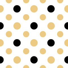 Seamless dotted pattern with black and beige dotes on the white background. Vector ornament for textile, posters, cards, wrapping paper, packaging