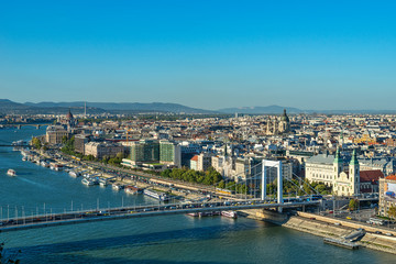 Budapest, Hungary - October 01, 2019: Panoramic cityscape view of hungarian capital city and Danube riverof Budapest from the Gellert Hill.