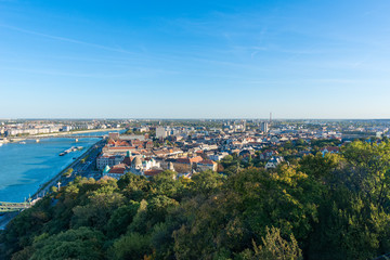 Budapest, Hungary - October 01, 2019: Panoramic cityscape view of hungarian capital city of Budapest (District XI) from the Gellert Hill.
