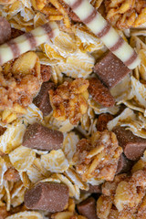 Variety of cold cereals in white bowls, quick breakfast for kids overhead shot with copyspace