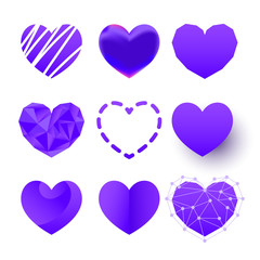 Vector logo icon set of polygonal, flat, paper cut color hearts on white background