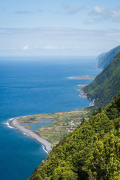 High angle view of the Coastline of Sao Jorge, with cliffs and the famous Faj&atilde;s, Sao Jorge Island, Azores Islands, Portugal