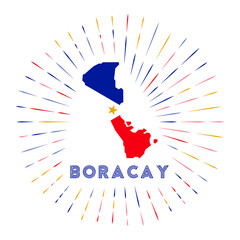Boracay sunburst badge. The island sign with map of Boracay with Filipino flag. Colorful rays around the logo. Vector illustration.