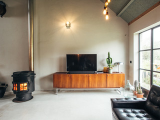 Midcentury modern cupboard with a television and a fireplace