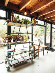 interior of a house with pots and plants in vintage retro loft style