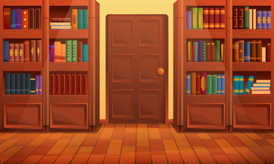 cartoon library interior, vector illustration