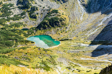 Ponds (Zelene pleso (kacacie) - Zielony Staw Kaczy, Kacacie pliesko - Maly Staw Kaczy, Jelenie pliesko - Jeleni Stawek) or natural water reservoirs in the Kacza Valley (Kacacia dolina) in the Tatras. © gubernat